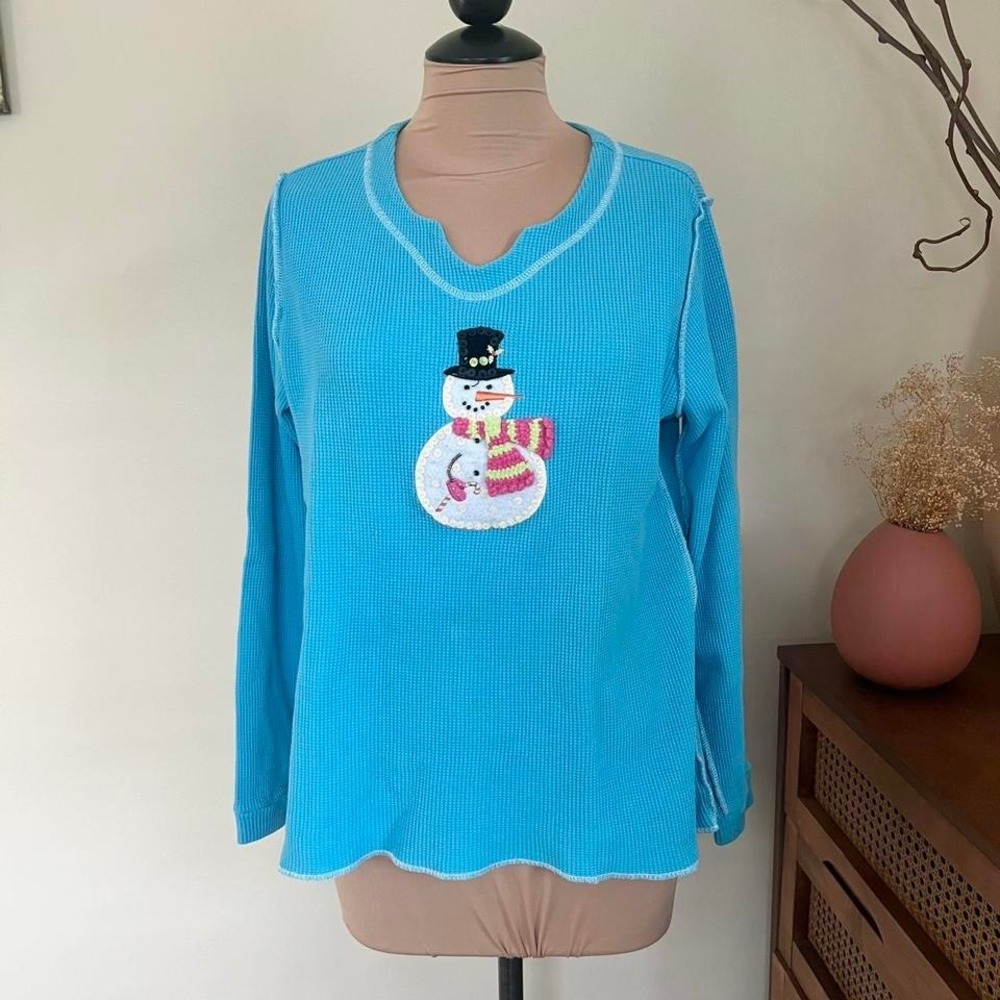 Vintage Quacker Factory‎ Snowman Waffle Knit 3D Long Sleeve Thermal